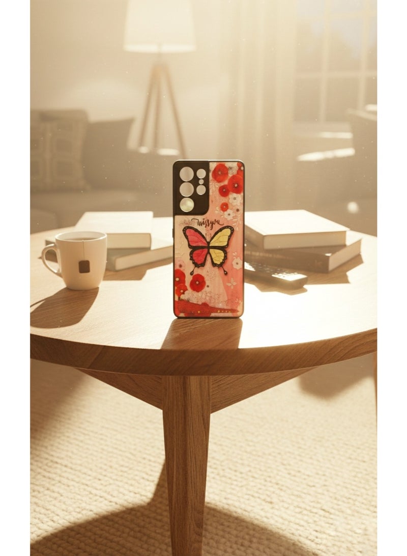 Grace ​"Miss You" Butterfly Phone Case for Samsung Galaxy S21 Ultra - Red Floral & Glitter Design, Slim Protective Hard Cover - Image 1